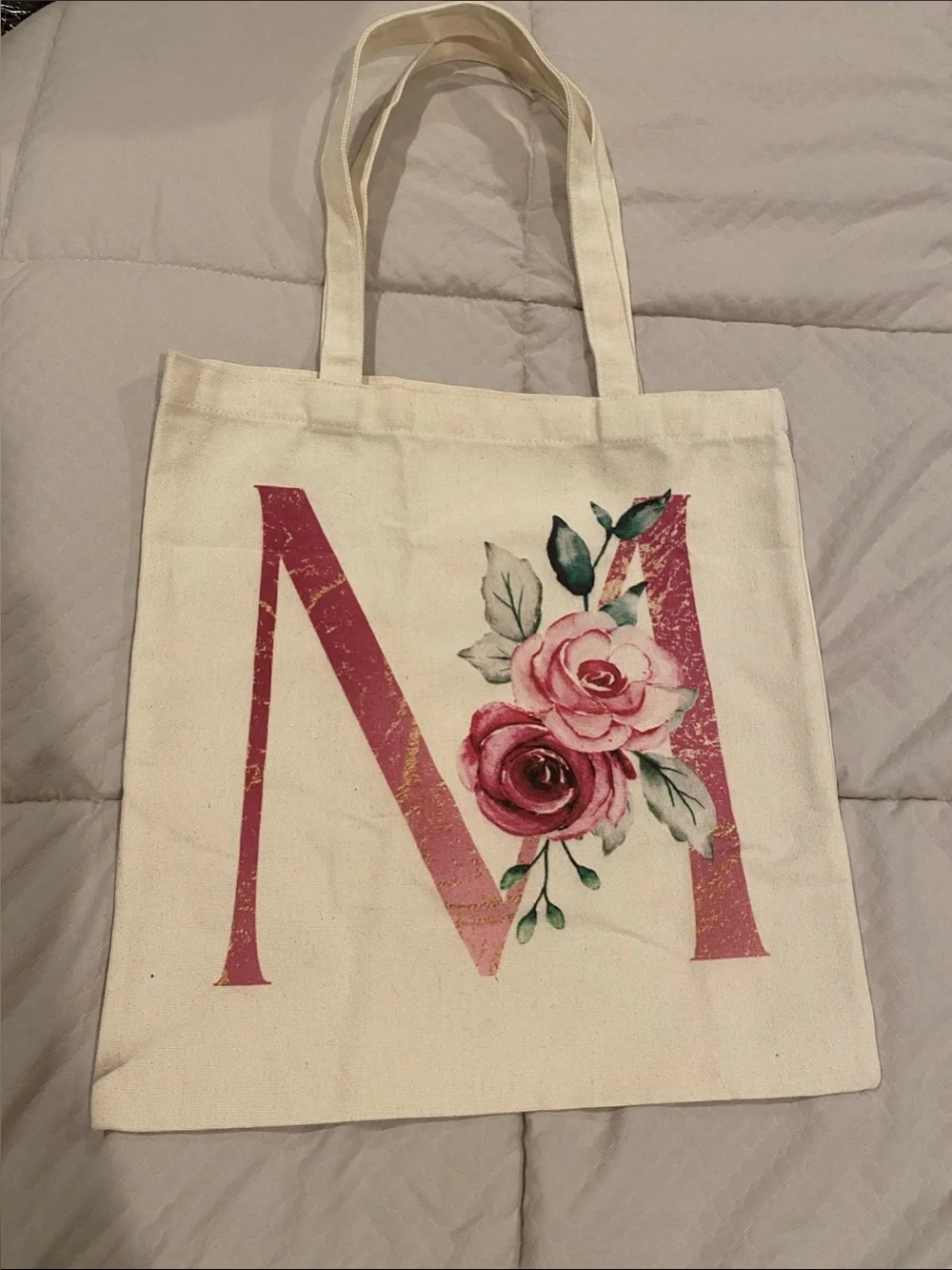 Cream Canvas Tote with Pink Floral 'M' Monogram